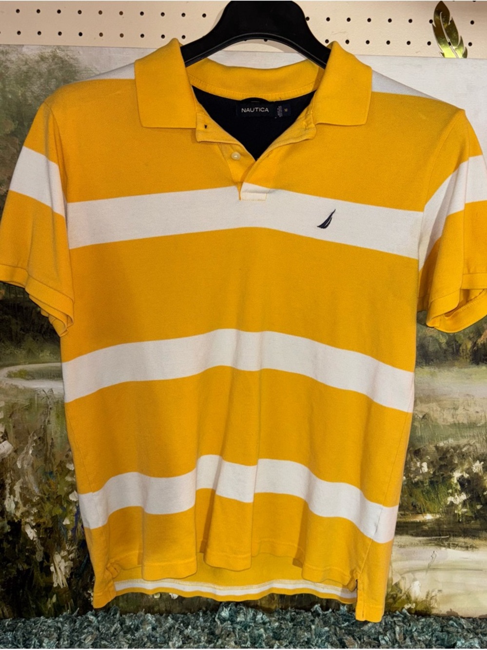 Nautica Yellow and White Wide-Stripe Polo Shirt
